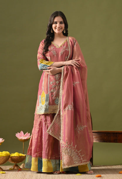 Brownish Purple Tissue Organza Lehenga Set with Zardozi, Sequin & Pearl Work.