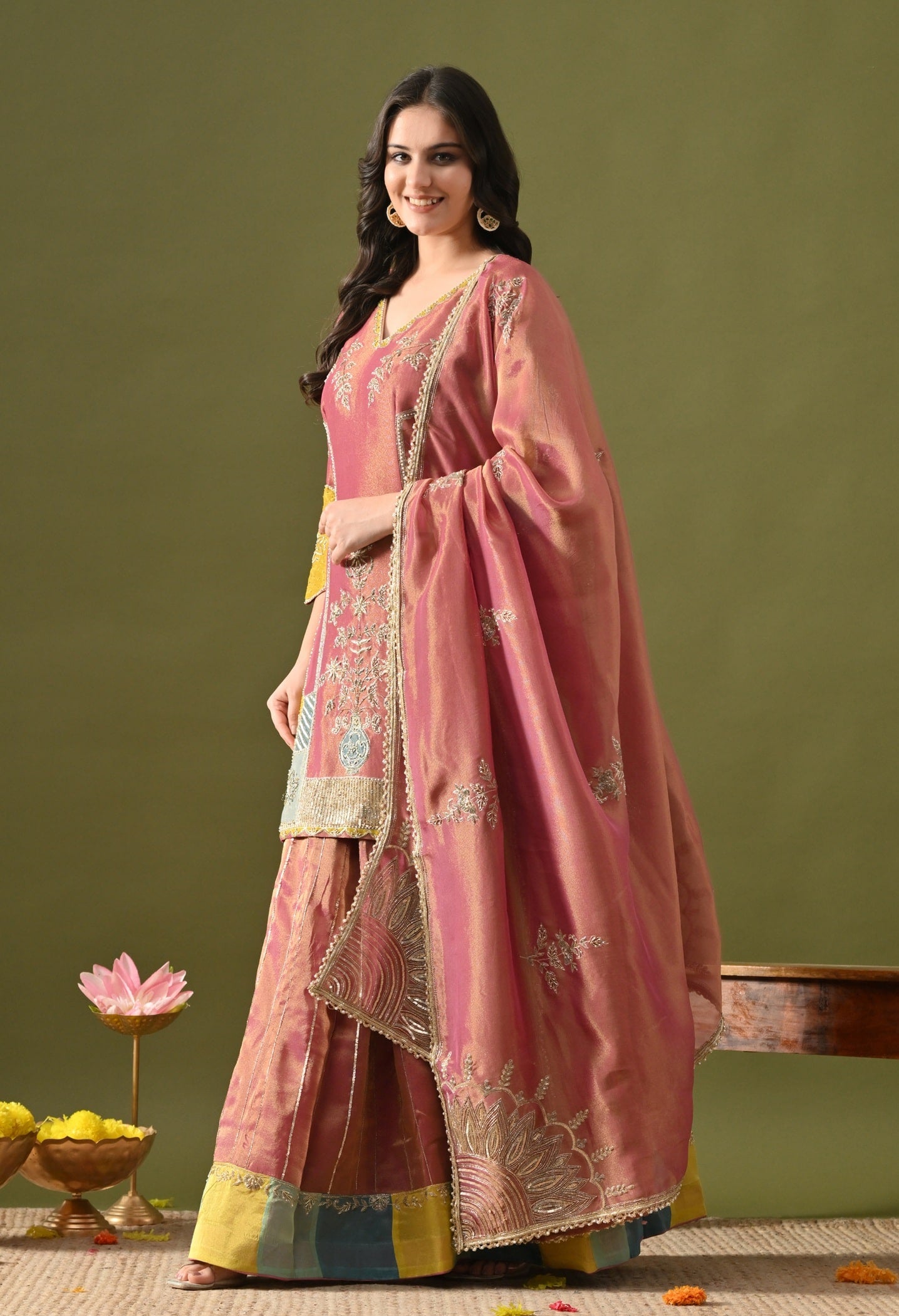 Brownish Purple Tissue Organza Lehenga Set with Zardozi, Sequin & Pearl Work.