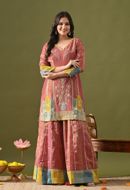 Brownish Purple Tissue Organza Lehenga Set with Zardozi, Sequin & Pearl Work.