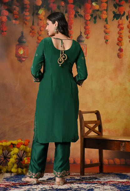 Luxurious Dark Green Crepe Kurta Set with Exquisite Zardozi Embroidery