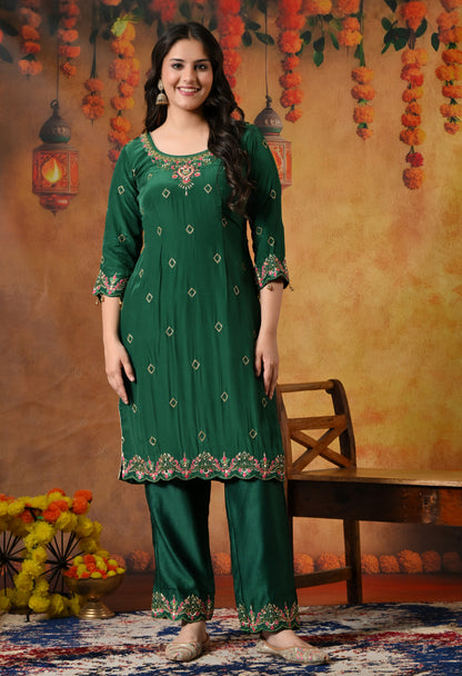 Luxurious Dark Green Crepe Kurta Set with Exquisite Zardozi Embroidery