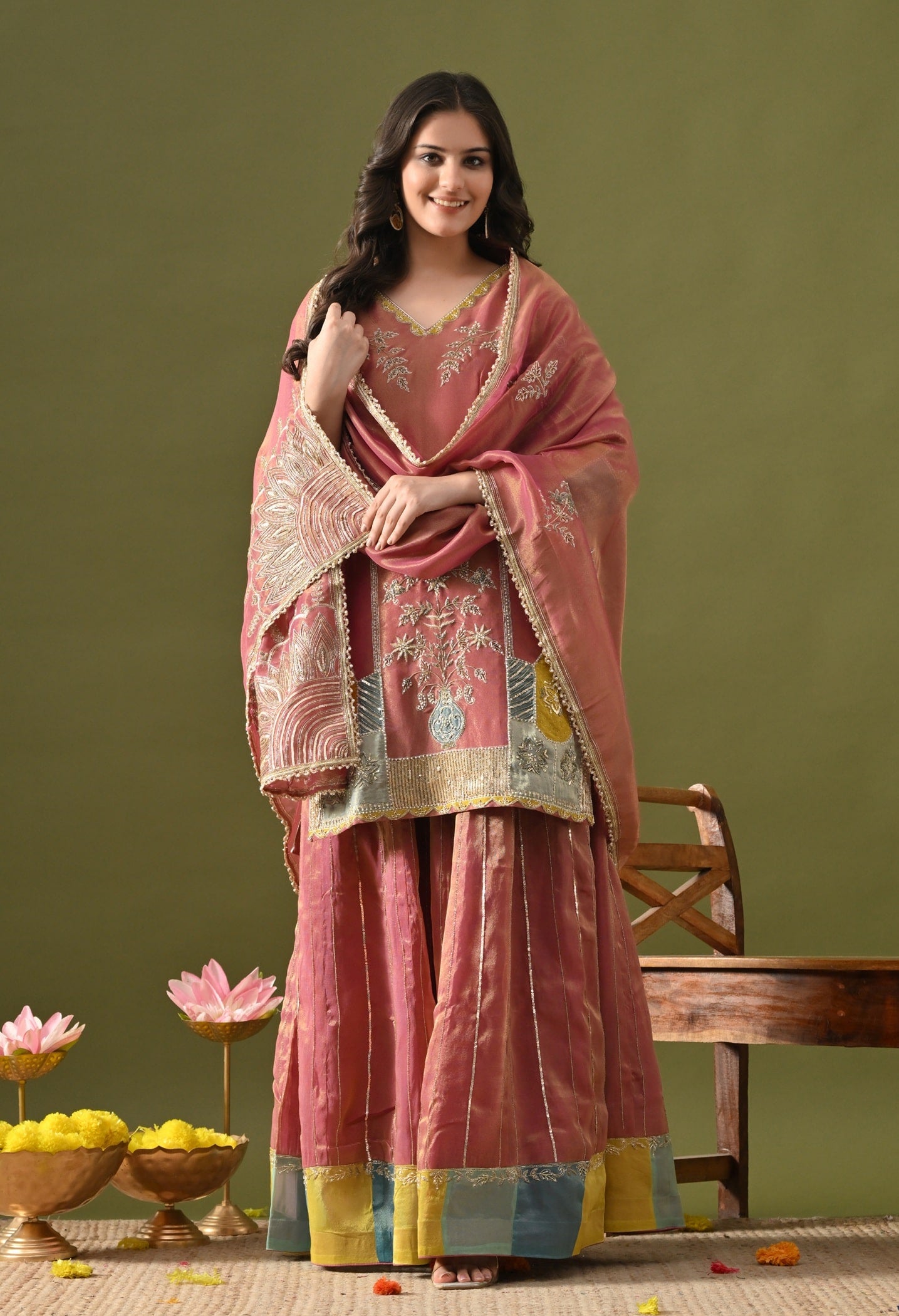 Brownish Purple Tissue Organza Lehenga Set with Zardozi, Sequin & Pearl Work.