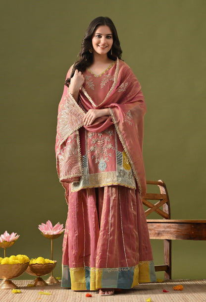 Brownish Purple Tissue Organza Lehenga Set with Zardozi, Sequin & Pearl Work.