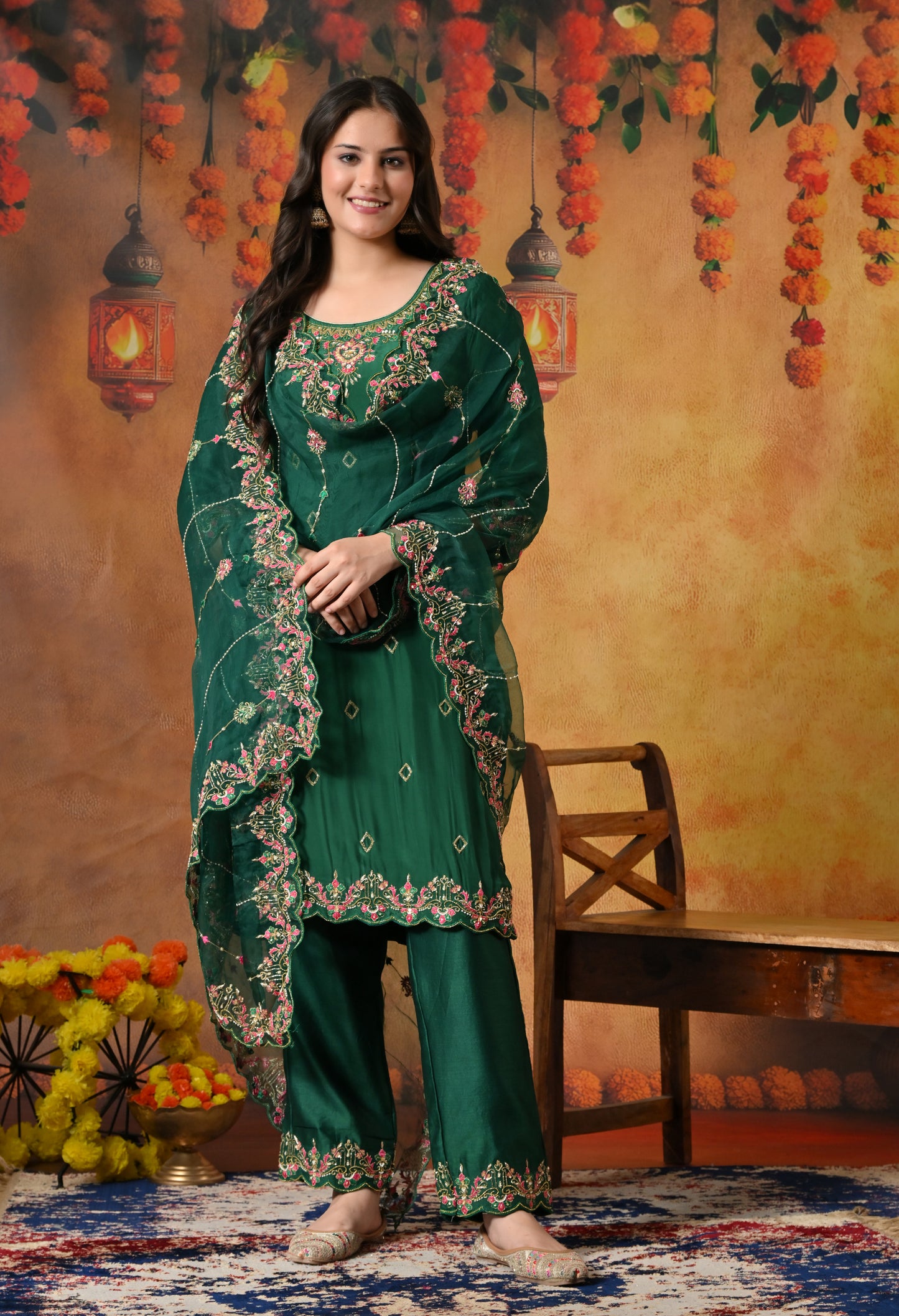Luxurious Dark Green Crepe Kurta Set with Exquisite Zardozi Embroidery