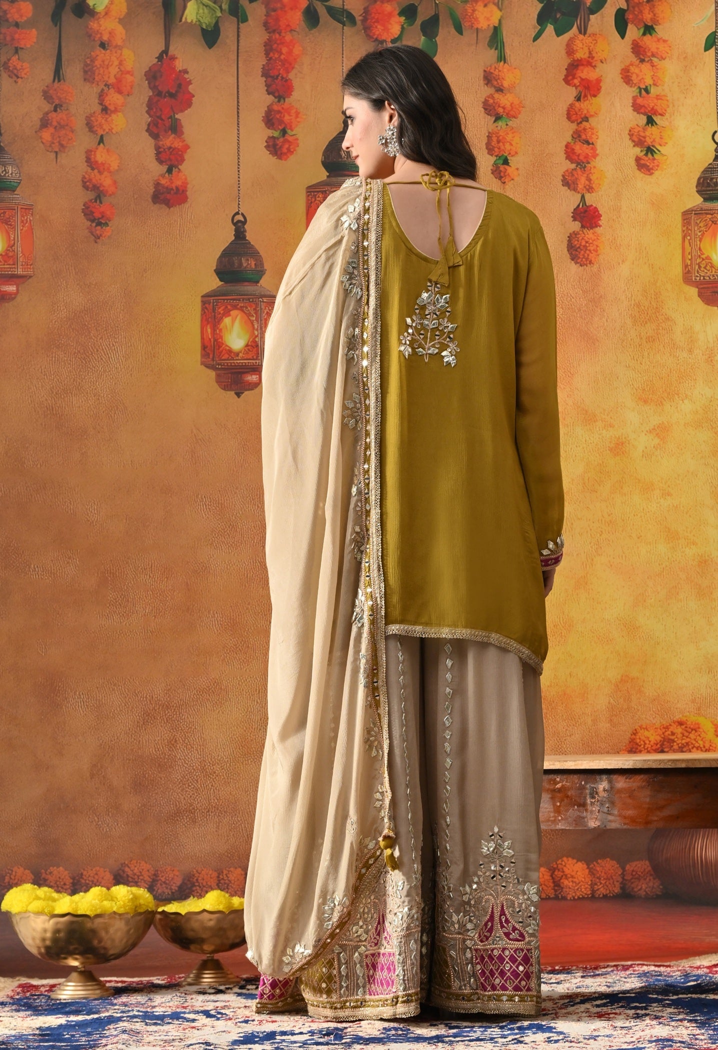 Green Chinon Sharara Set with Gotta, Mirror, Zardozi & Applique Work.