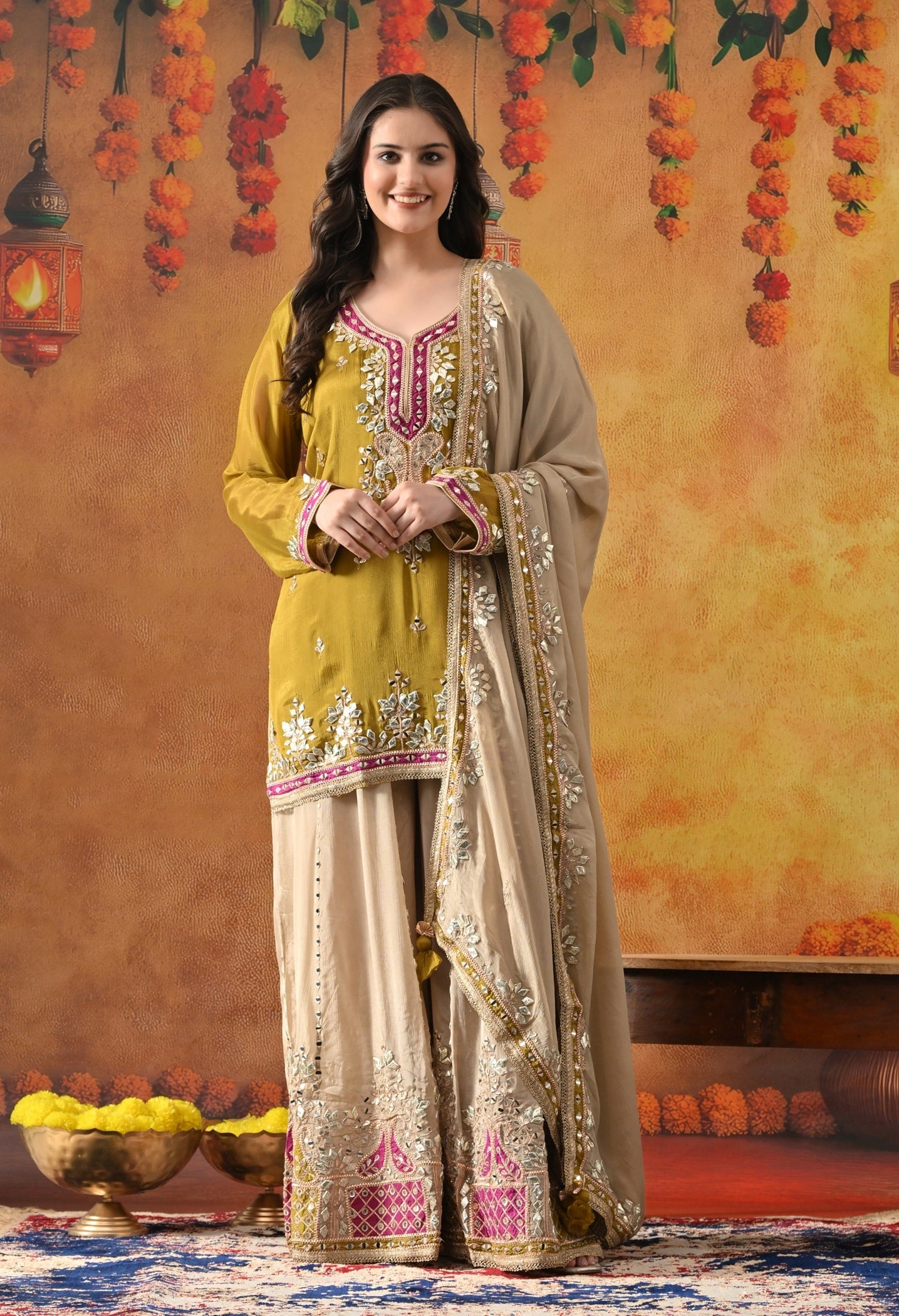 Green Chinon Sharara Set with Gotta, Mirror, Zardozi & Applique Work.