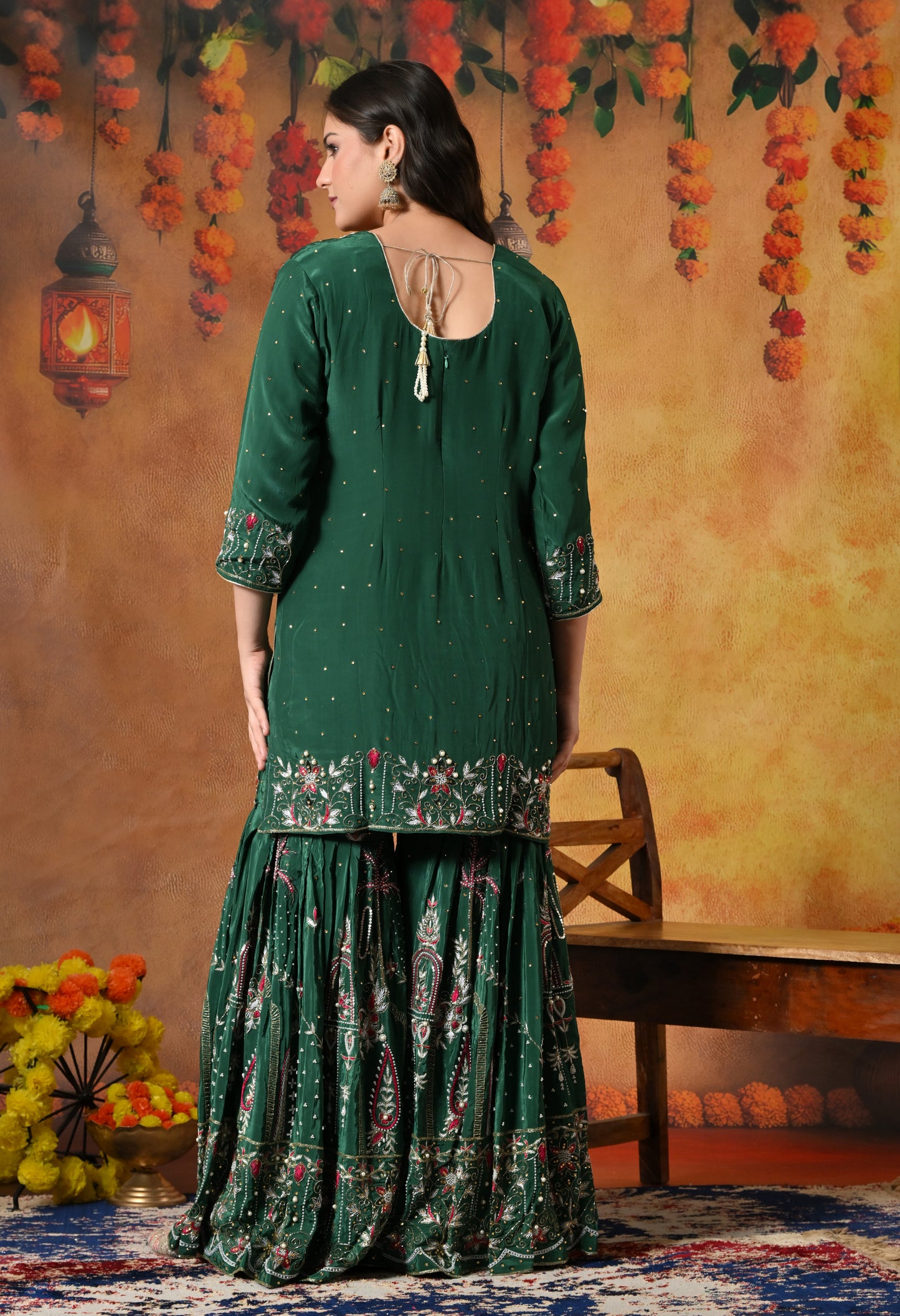 Royal Bottle Green Sharara Set with Exquisite Zardozi Embroidery