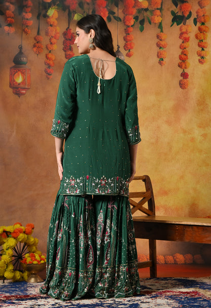 Royal Bottle Green Sharara Set with Exquisite Zardozi Embroidery