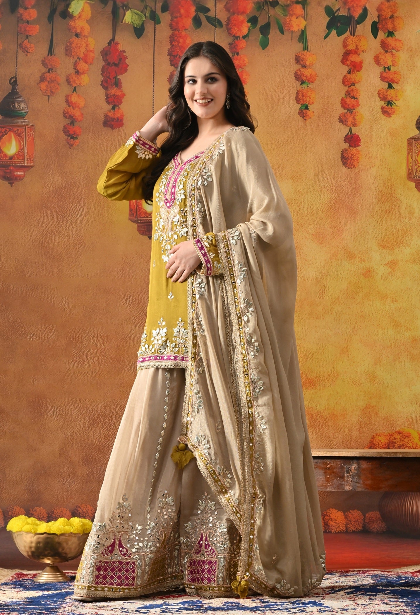 Green Chinon Sharara Set with Gotta, Mirror, Zardozi & Applique Work.