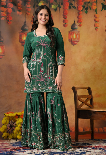 Royal Bottle Green Sharara Set with Exquisite Zardozi Embroidery