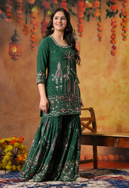 Royal Bottle Green Sharara Set with Exquisite Zardozi Embroidery