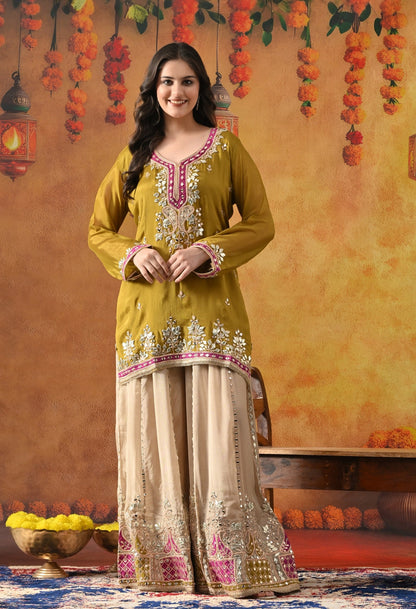 Green Chinon Sharara Set with Gotta, Mirror, Zardozi & Applique Work.