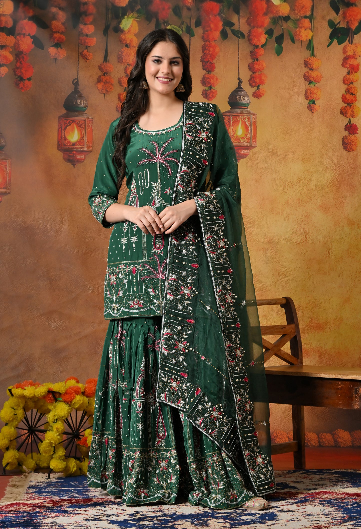 Royal Bottle Green Sharara Set with Exquisite Zardozi Embroidery