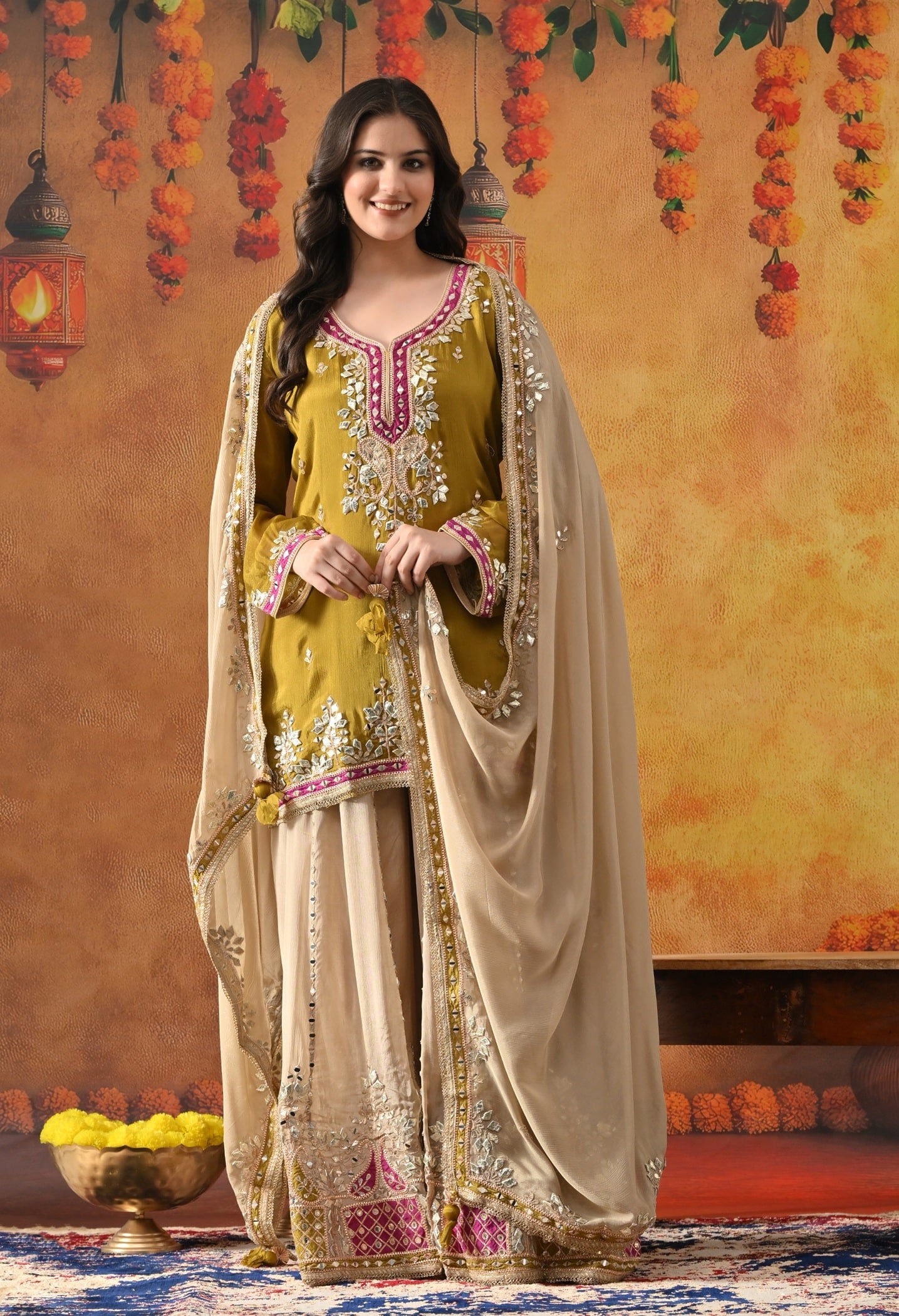 Green Chinon Sharara Set with Gotta, Mirror, Zardozi & Applique Work.