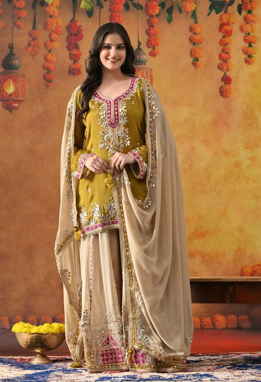 Green Chinon Sharara Set with Gotta, Mirror, Zardozi & Applique Work.