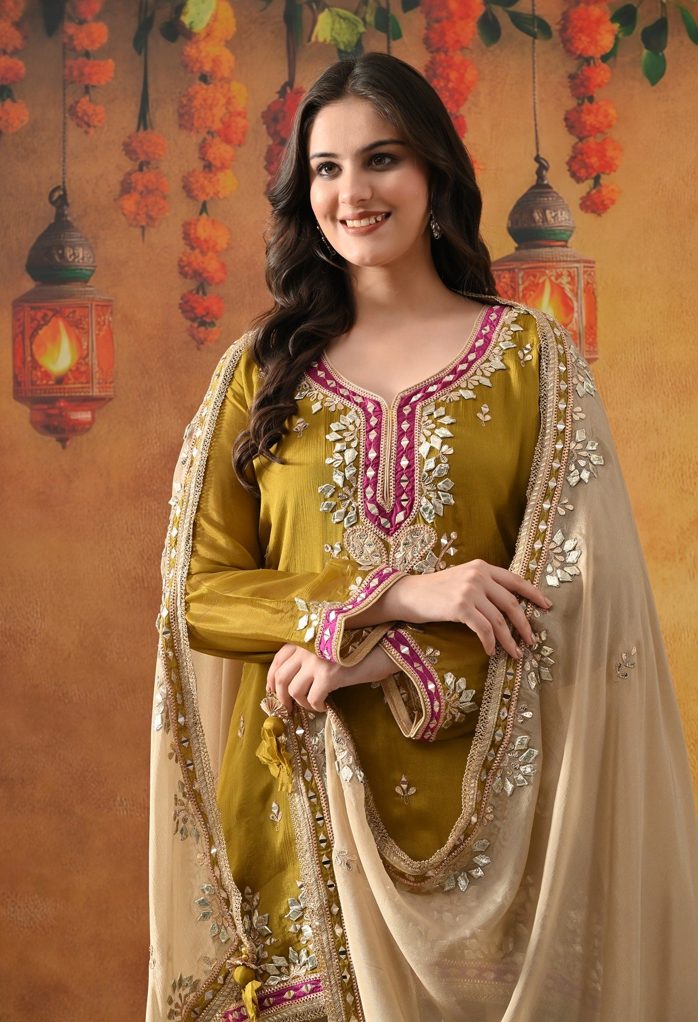 Green Chinon Sharara Set with Gotta, Mirror, Zardozi & Applique Work.