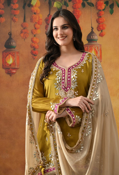 Green Chinon Sharara Set with Gotta, Mirror, Zardozi & Applique Work.