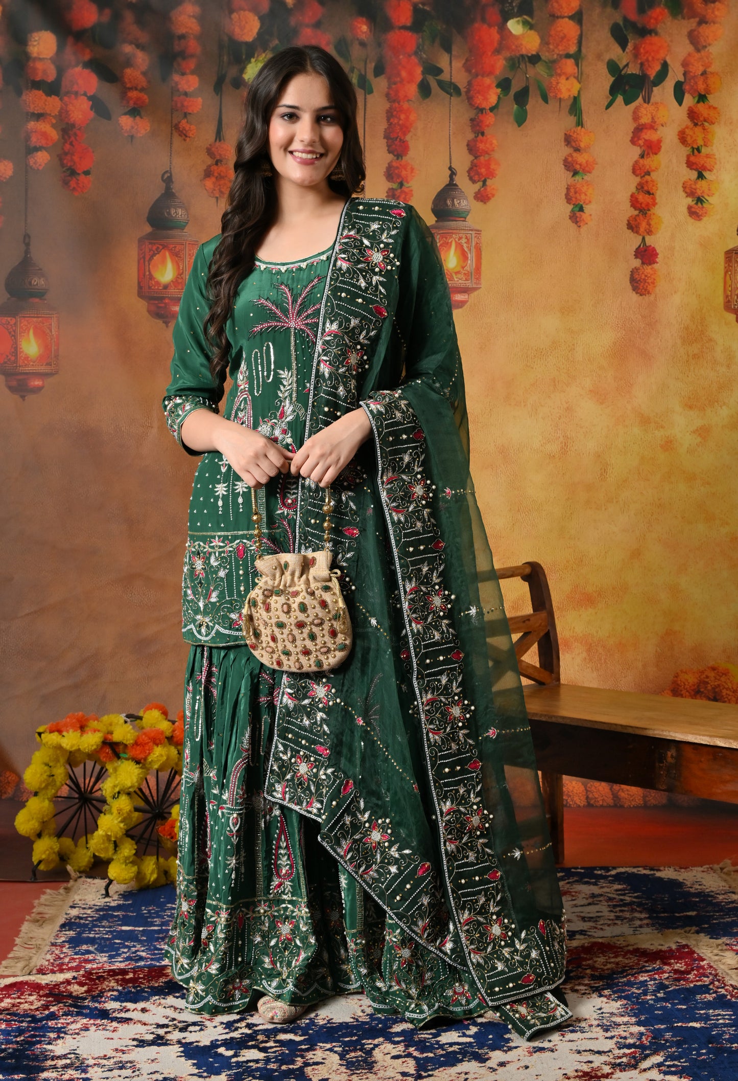 Royal Bottle Green Sharara Set with Exquisite Zardozi Embroidery