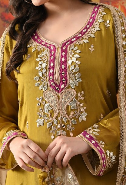 Green Chinon Sharara Set with Gotta, Mirror, Zardozi & Applique Work.