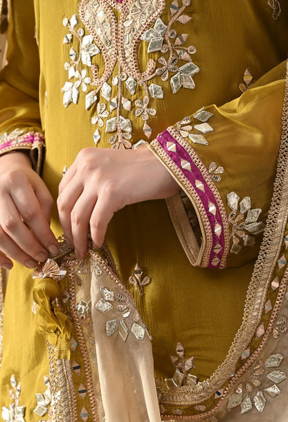 Green Chinon Sharara Set with Gotta, Mirror, Zardozi & Applique Work.