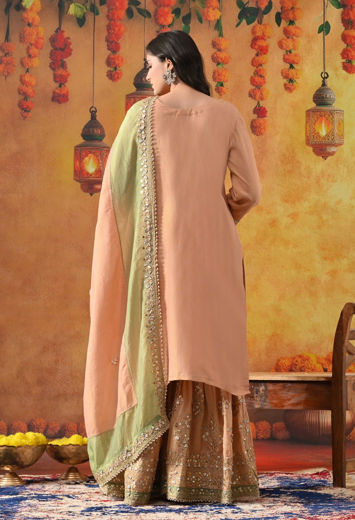 Peach Tissue Silk Gharara Set with Gotta, Zardozi, Sequin & Applique Work.