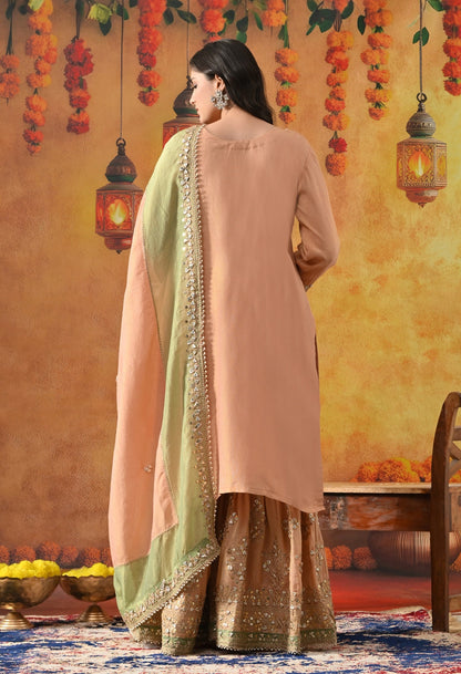 Peach Tissue Silk Gharara Set with Gotta, Zardozi, Sequin & Applique Work.