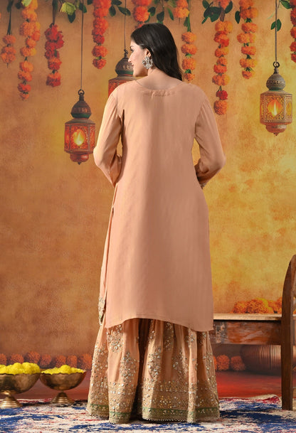 Peach Tissue Silk Gharara Set with Gotta, Zardozi, Sequin & Applique Work.