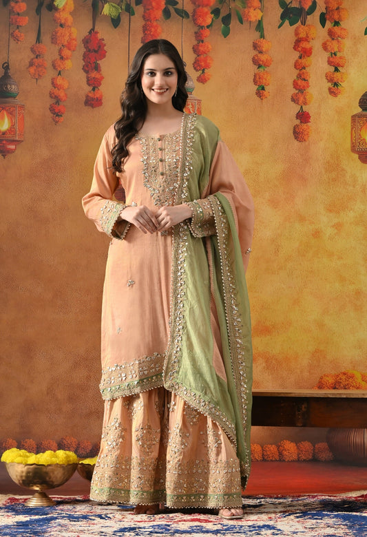 Peach Tissue Silk Gharara Set with Gotta, Zardozi, Sequin & Applique Work.