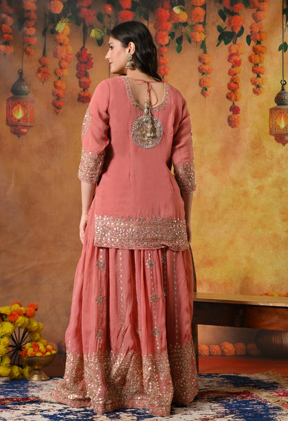 Creamy Peach Organza Lehenga Set with Zardozi, Gotta, and Crystal Embroidery