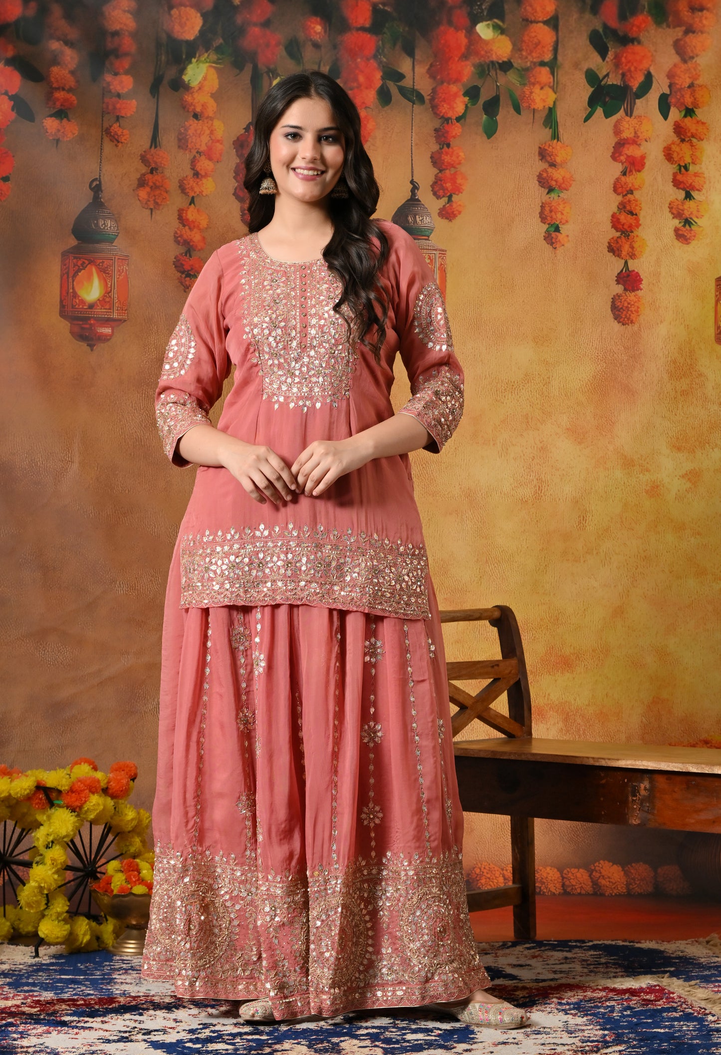 Creamy Peach Organza Lehenga Set with Zardozi, Gotta, and Crystal Embroidery