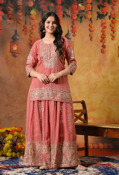 Creamy Peach Organza Lehenga Set with Zardozi, Gotta, and Crystal Embroidery