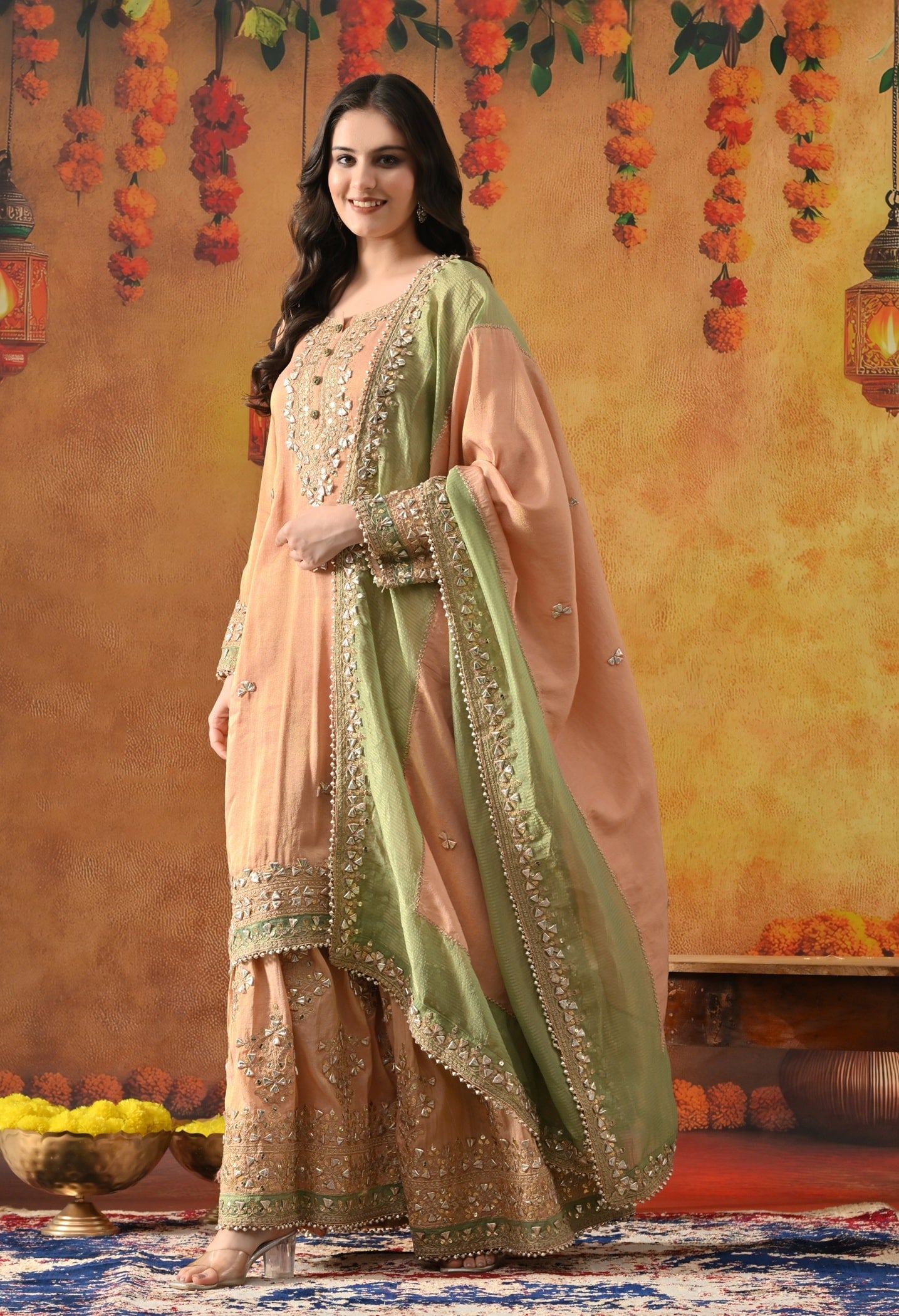 Peach Tissue Silk Gharara Set with Gotta, Zardozi, Sequin & Applique Work.