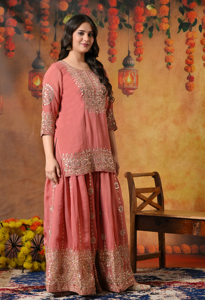 Creamy Peach Organza Lehenga Set with Zardozi, Gotta, and Crystal Embroidery