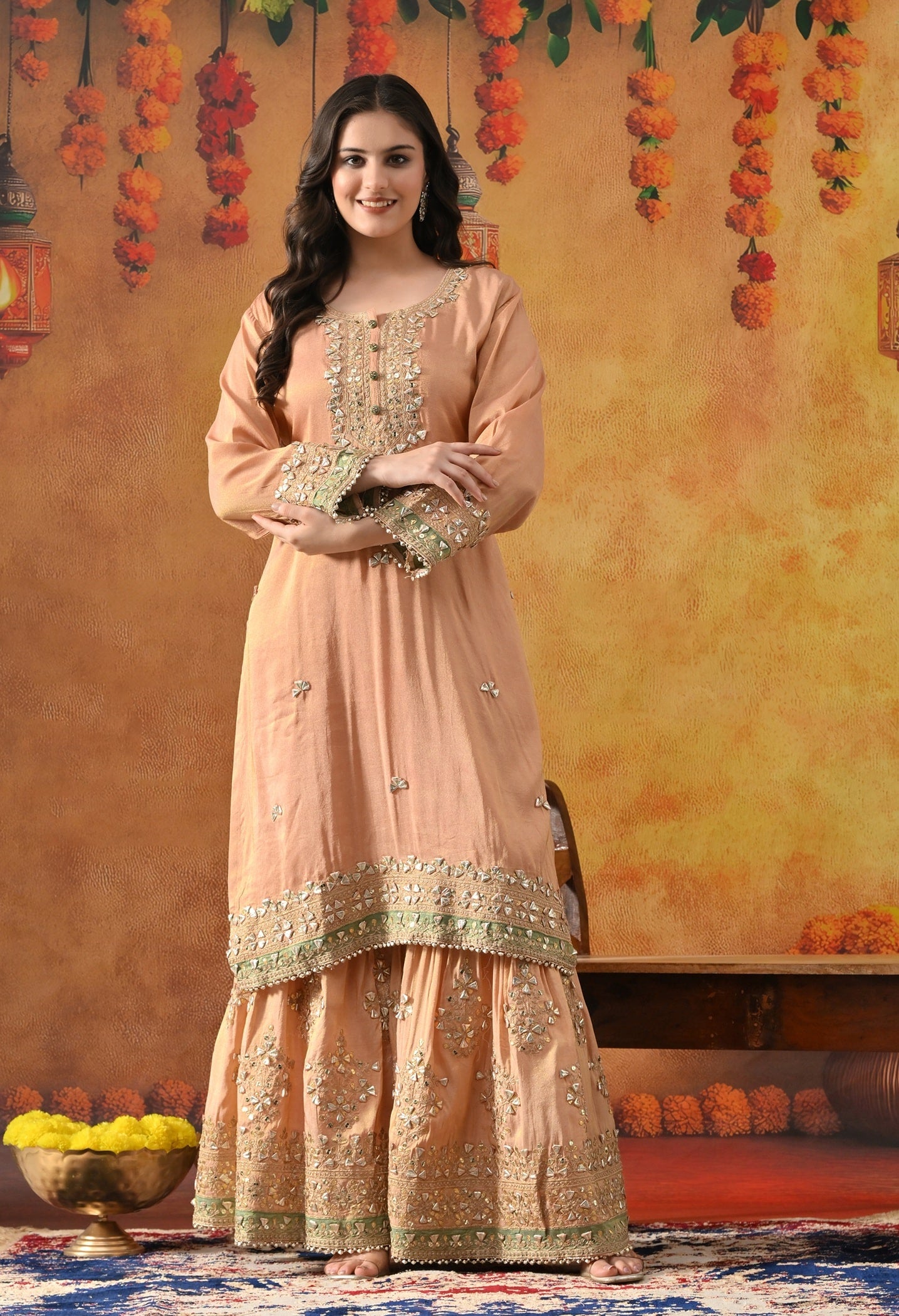 Peach Tissue Silk Gharara Set with Gotta, Zardozi, Sequin & Applique Work.