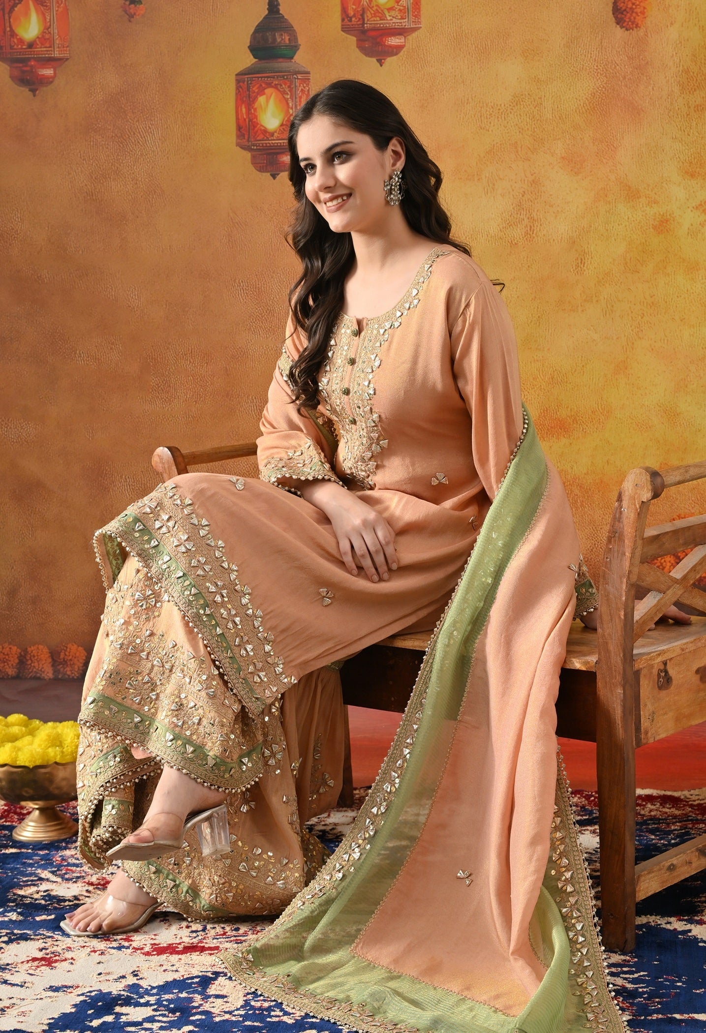 Peach Tissue Silk Gharara Set with Gotta, Zardozi, Sequin & Applique Work.