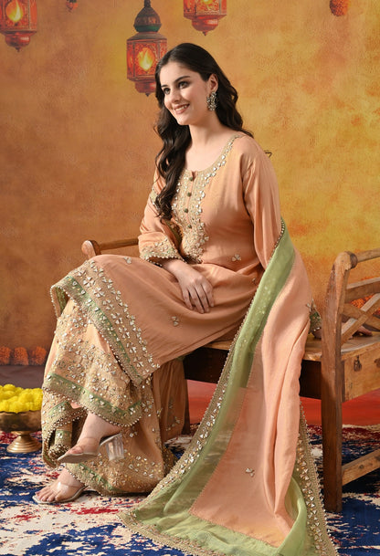 Peach Tissue Silk Gharara Set with Gotta, Zardozi, Sequin & Applique Work.