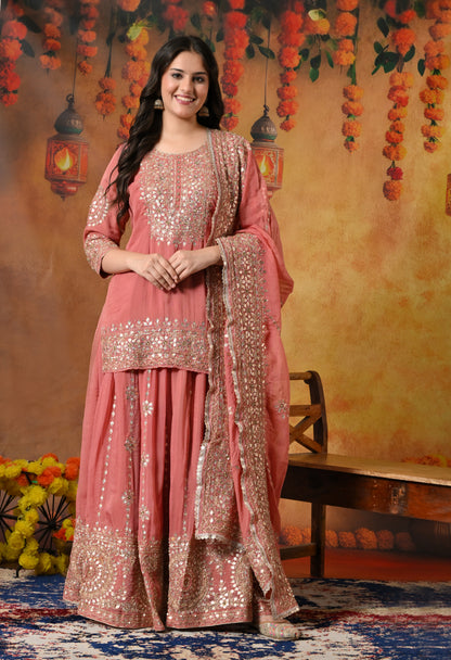 Creamy Peach Organza Lehenga Set with Zardozi, Gotta, and Crystal Embroidery