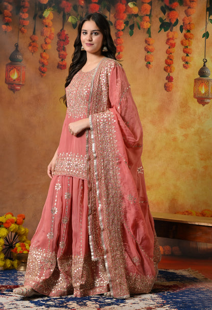 Creamy Peach Organza Lehenga Set with Zardozi, Gotta, and Crystal Embroidery