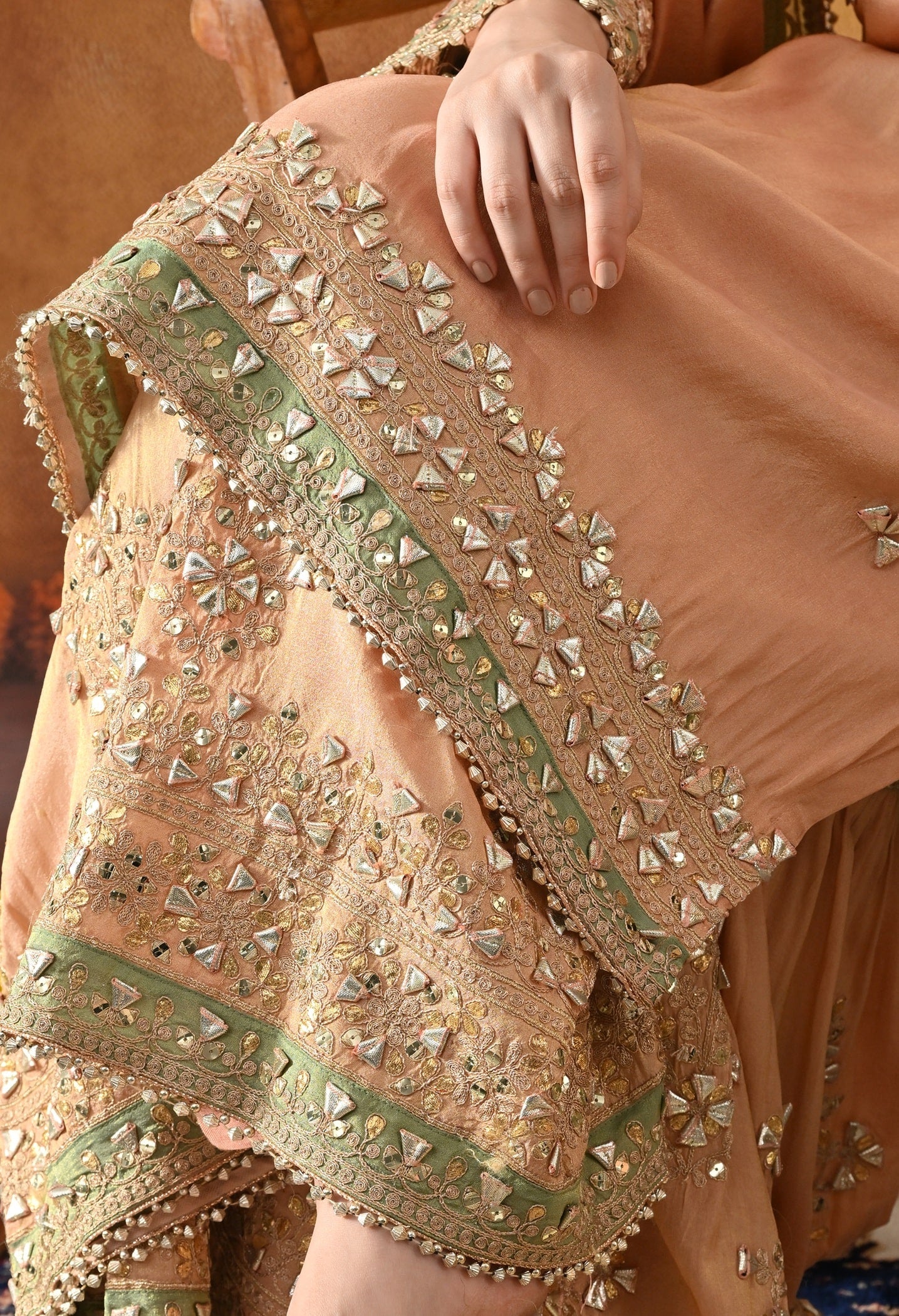 Peach Tissue Silk Gharara Set with Gotta, Zardozi, Sequin & Applique Work.