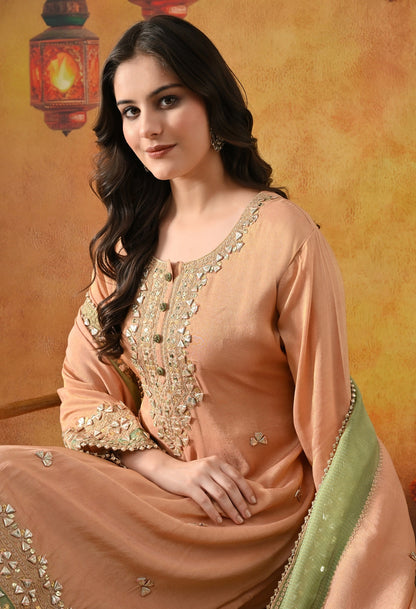 Peach Tissue Silk Gharara Set with Gotta, Zardozi, Sequin & Applique Work.