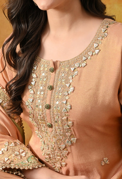 Peach Tissue Silk Gharara Set with Gotta, Zardozi, Sequin & Applique Work.
