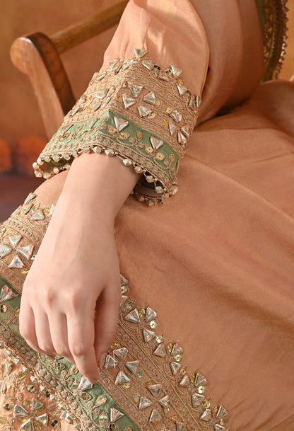 Peach Tissue Silk Gharara Set with Gotta, Zardozi, Sequin & Applique Work.