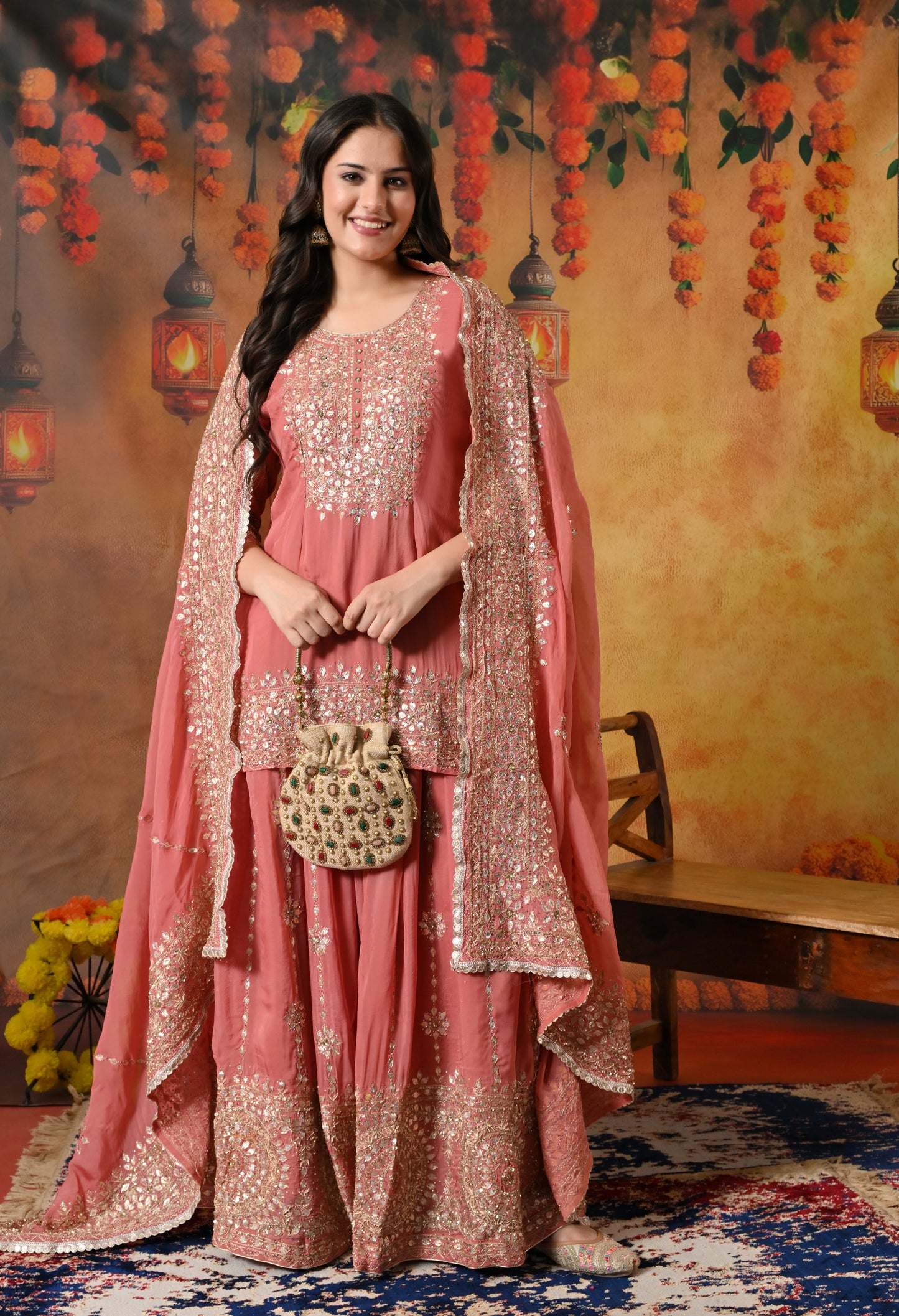Creamy Peach Organza Lehenga Set with Zardozi, Gotta, and Crystal Embroidery