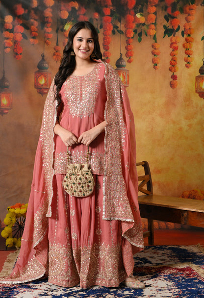 Creamy Peach Organza Lehenga Set with Zardozi, Gotta, and Crystal Embroidery