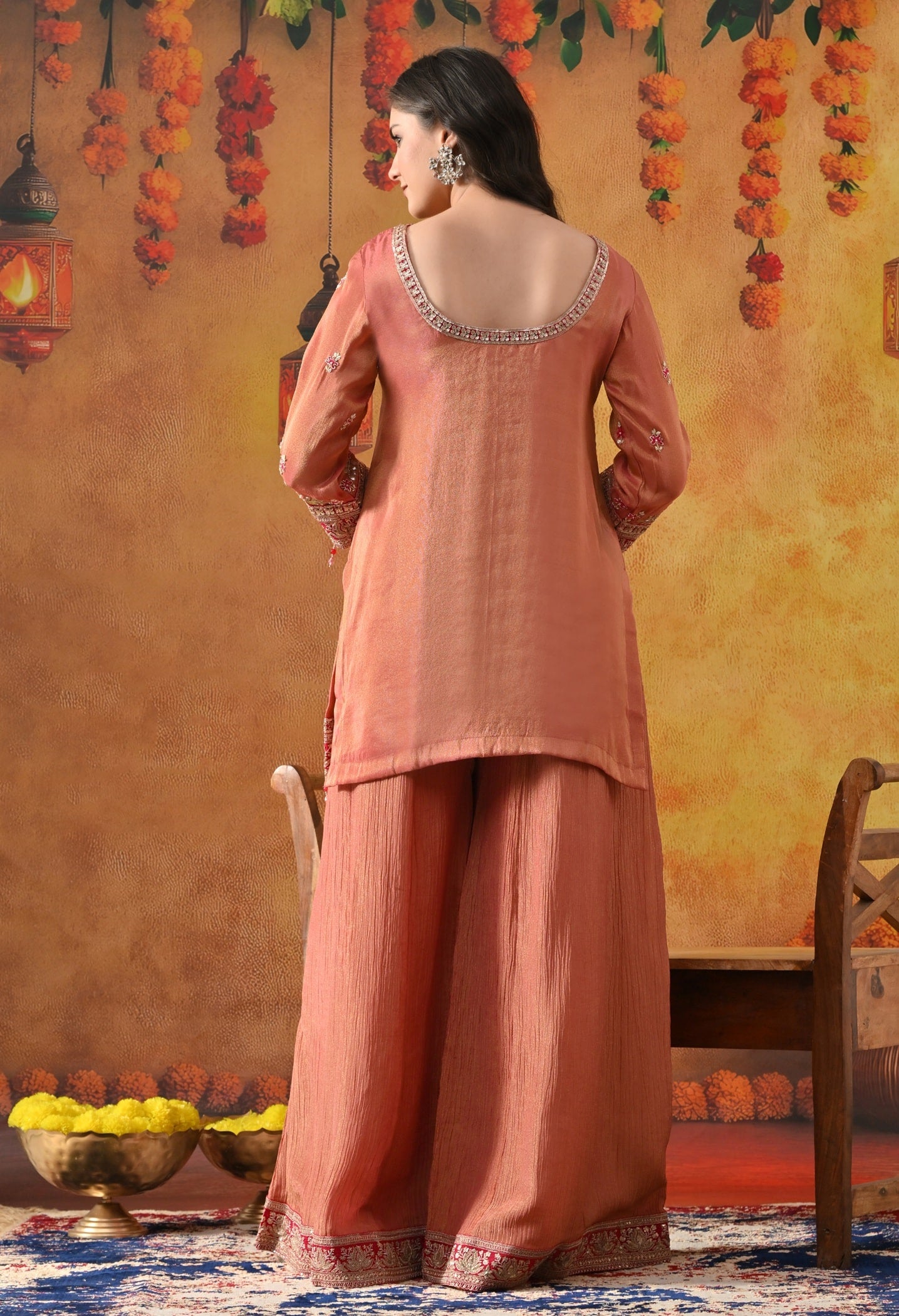 Peach Sharara Set with Zardozi, Pearl, Thread & Sequin Work.