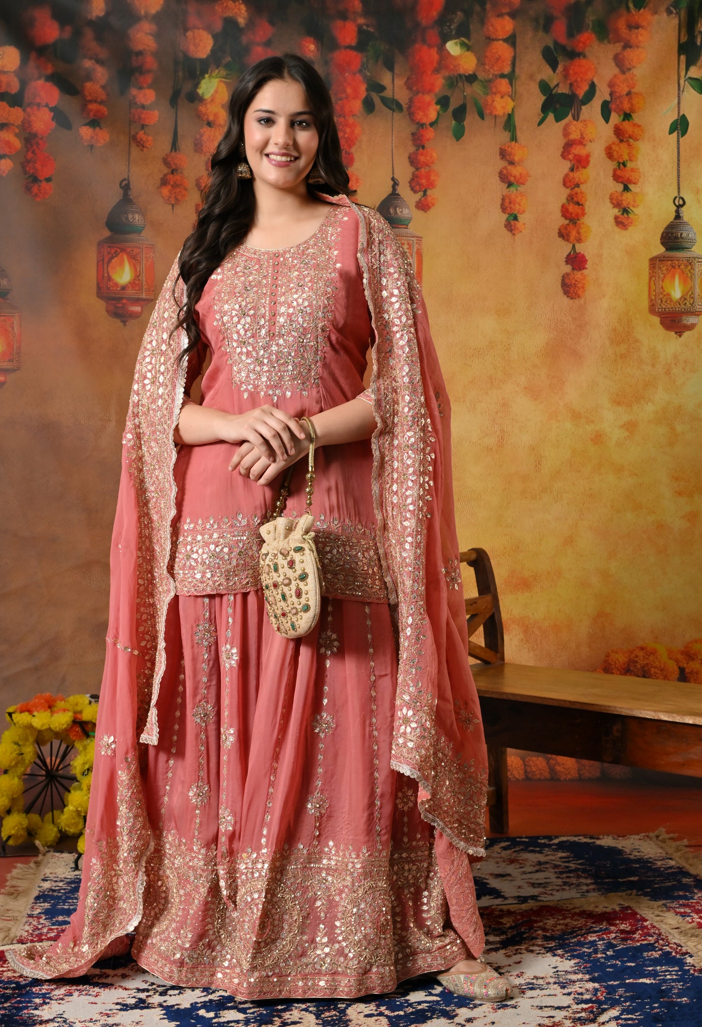 Creamy Peach Organza Lehenga Set with Zardozi, Gotta, and Crystal Embroidery