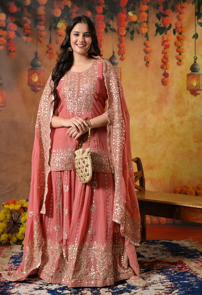 Creamy Peach Organza Lehenga Set with Zardozi, Gotta, and Crystal Embroidery