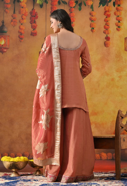 Peach Sharara Set with Zardozi, Pearl, Thread & Sequin Work.