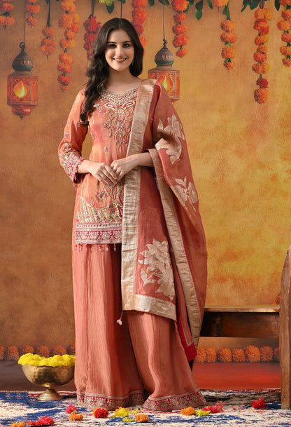 Peach Sharara Set with Zardozi, Pearl, Thread & Sequin Work.
