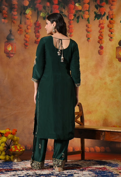 Mesmerising Bottle Green Kurta Set with Intricate Zardozi Work